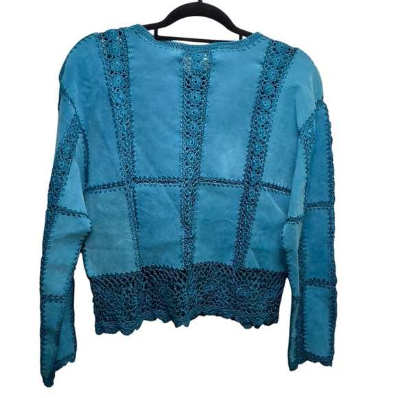 S.M.H Vintage Suede Paneled Crocheted Boho Western Festival Y2K Blazer Coat - Picture 3 of 15